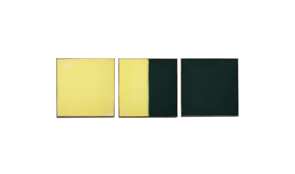 gelb und grün, 2015, Pigmente auf Lwd 3 Tafeln je 35x35 | giallo e verde, pigmenti su tela, 3 tavole cad. 35x35
