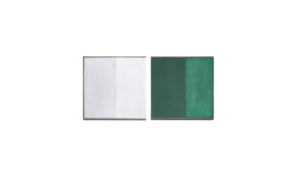 weiß und grün, 2015, Pigmente auf Lwd 2 Tafeln je 35x35 | bianco e verde, pigmenti su tela, 2 tavole cad. 35x35