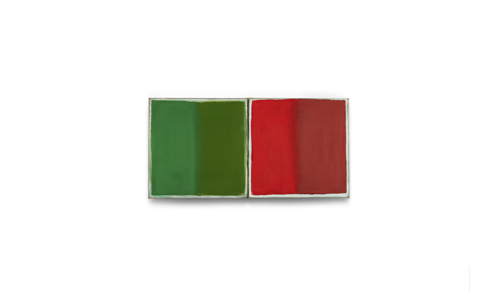 grün-grünrot-rot, 2014, Pigmente auf Lwd, 2 Tafeln je 35x35 | verde-verderosso-verde, pigmenti su tela, 2 tavole cad. 35x35