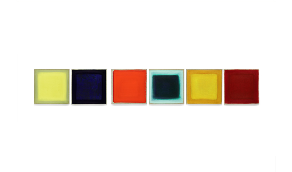 Farbsatz II, 2013, Pigmente auf Lwd, 6 Tafeln je 35x35 | proposizione di colori II, pigmenti su tela, 6 tavole cad.35x35    