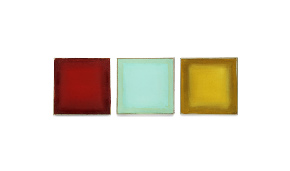 rot-blau-gelb, 2013, Pigmente auf Lwd, 3 Tafeln je 35x35 | rosso-blu-giallo, pigmenti su tela, 3 tavole cad. 35x35