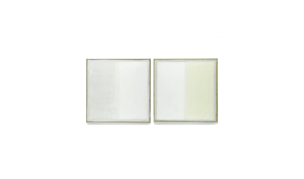 weiß-weiß, 2013, Pigmente auf Lwd, 2 Tafeln je 35x35 | bianco-bianco, pigmenti su tela, 2 tavole cad. 35x35