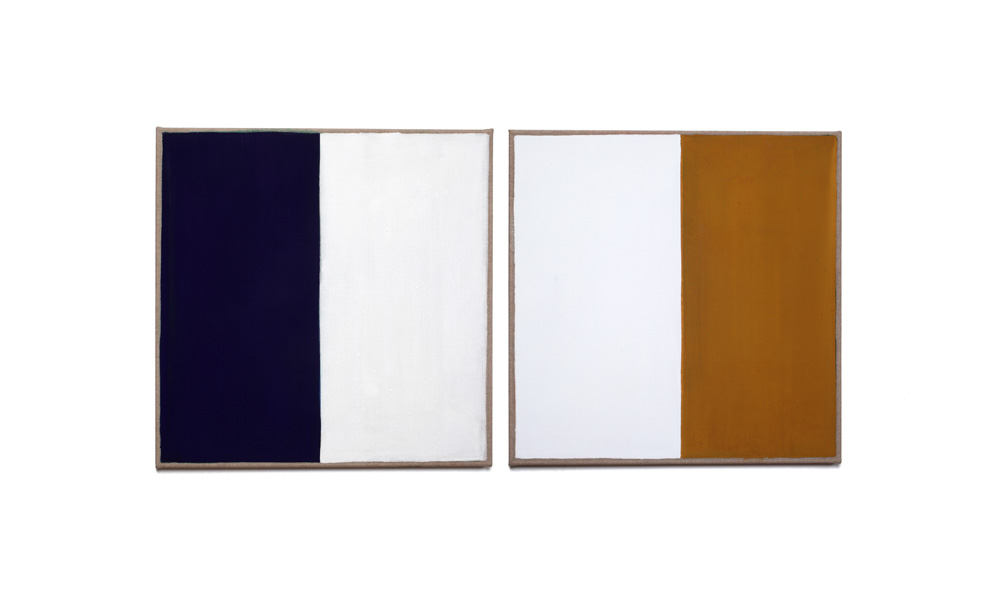 Weißkontrast, 2015, Pigmente auf Lwd, 2 Tafeln je 55x55 | contrasto di bianco, pigmenti su tela, 2 tavole cad.55x55